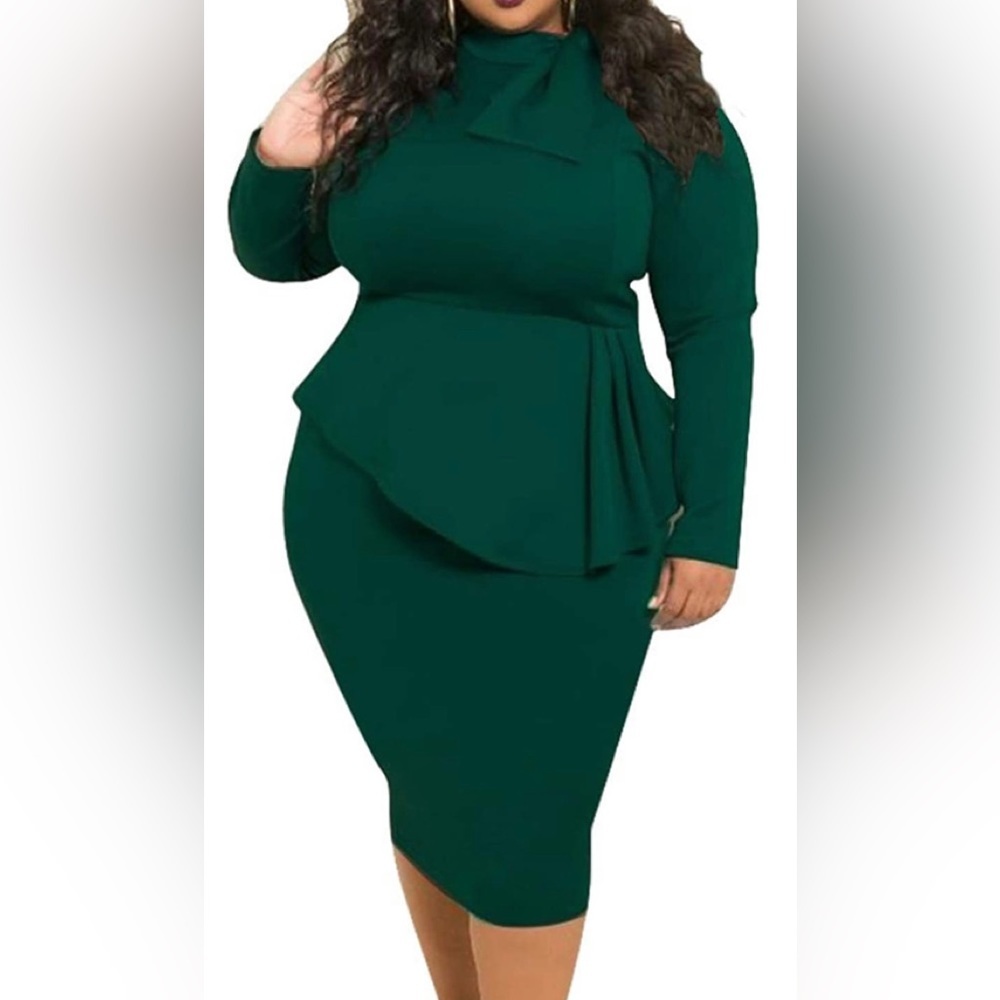 Plus Size Emerald Green Peplum Sheath Dress - Elegant Long Sleeve